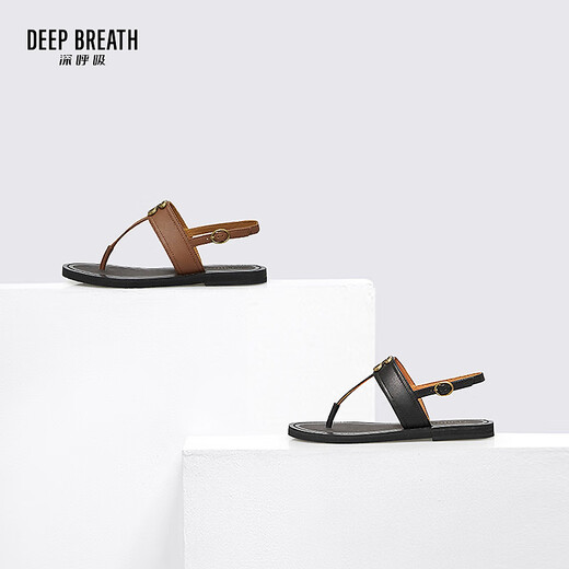 DEEP BREATH深呼吸女鞋牛皮T字带平底度假风夹脚凉鞋女鞋AX14117 棕 39