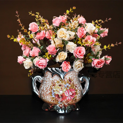 Bouquet de flores simulada en Rong Hongfa Mesa de comedor adornos de la sala del dormitorio Decoración del hogar Plantas de flores falsas Rose rojo + jarrón europeo de doble oreja