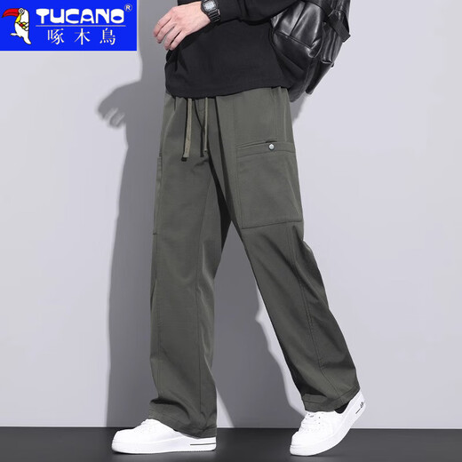 啄木鸟休闲裤男2025夏季新款美式工装裤子男士潮流宽松直筒阔腿长裤子男 9856 军绿色 XL 建议130-150斤