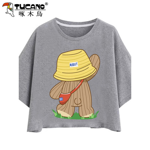 Holzpecker (Tucano) Lazy Style Koreanische Version kleiner Baumwollkurzärmel-T-Shirt für Frauen großer modischer kurzer Cartoon Top White M (Empfohlen 80-100 Jin [Jin ist gleich 0,5 kg])