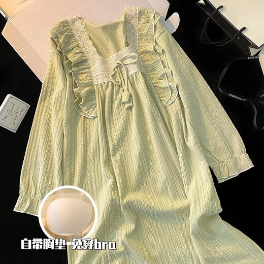 FHHUABD Pajama intégré pour femmes, coton à manches longues et automne 2024 NOUVELLES vêtements de maison sucrés de style princesse 9926 Green pour femmes (poitrine de poitrine) m [suggérer le poids 80-100 Jin [Jin est égal à 0,5 kg]].