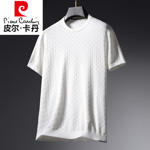 皮尔卡丹（pierre cardin）桑蚕丝棋盘格针织衫新款短袖t恤男半袖夏季圆领冰 丝纯色潮流男装 白色 YY-1391 L