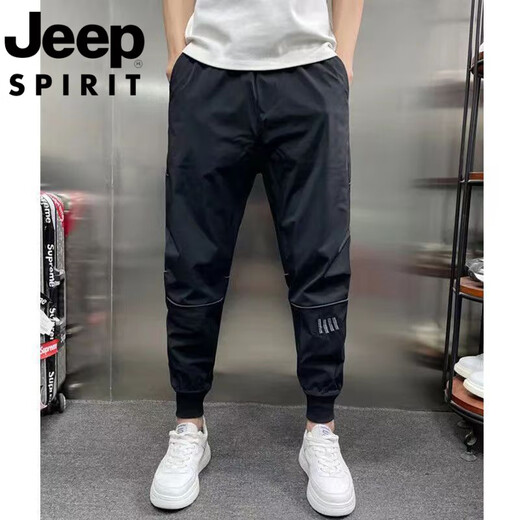 吉普（JEEP）冰丝休闲裤男士夏季绣花潮流时尚百搭哈伦裤子新款束脚运动裤 黑色 春秋 31 【120-135斤】2尺3