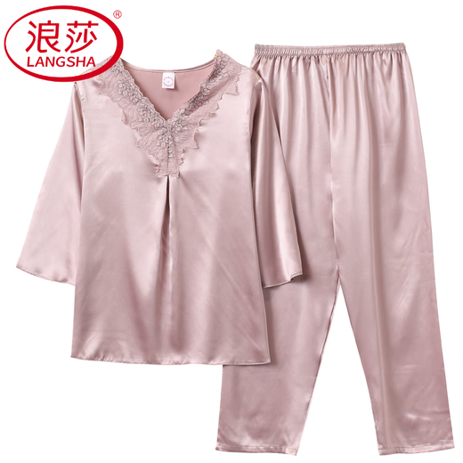 Langsha Light Luxury Middle-Egly Mother Pajamas Jurchen Summer de manga larga delgada de gran tamaño y seda de nieve se puede usar afuera en la habitación con aire acondicionado de dos piezas FX683 [rosa claro] Trinas de manga de siete trimestres XL