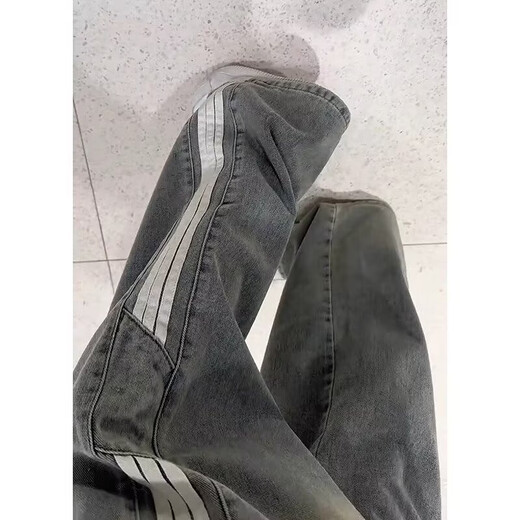 Black box white striped jeans men's spring and summer straight loose wide-leg versatile couple trendy American retro floor-length trousers WKXS-K1047 black XL