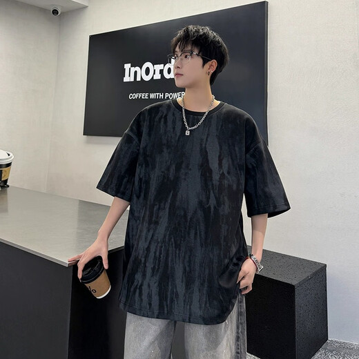 POUM美式复古扎染短袖t恤男士夏季潮牌ins宽松百搭休闲五分袖 CQS-1476白色 XL