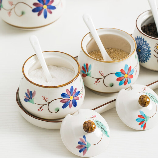 Dingdan ceramic seasoning jar combination household seasoning box high temperature resistant seasoning jar salt jar creative chili oil jar oil splash jar small size - mix and match three-piece set + tray with spoon