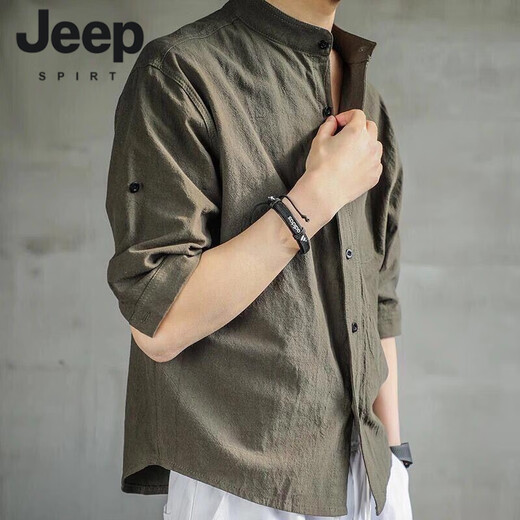 JEEP SPIRIT潮牌2025夏季亚麻七分短袖衬衫男棉麻宽松中国风衬衣休闲长袖T恤 黑色【5009】 M