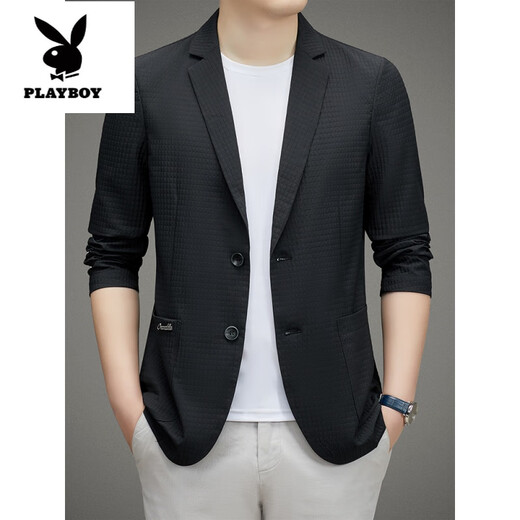 花花公子（PLAYBOY）冰丝西服男士夏季新款休闲西服西装轻薄单西防晒上衣百搭外套 黑色 2XL 185