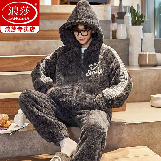 浪莎（langsha）睡衣男士冬季珊瑚绒加厚加绒新款法兰绒保暖青少年大码家居服套装 1349 【加绒加厚】 XL 建议【125-145斤】
