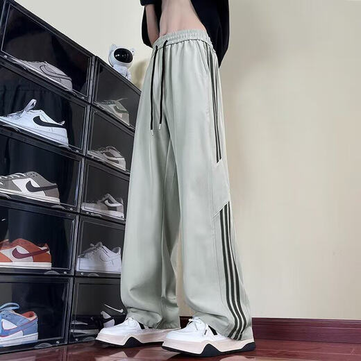 Erzblieb gestreifte Ice Seidenhose Herren Sommer Dünne lose, gerade große Hose für Jugend 2025 Neue Freizeithosen Grün XL (120jin [Jin entspricht 0,5 kg] -140jin [Jin entspricht 0,5 kg])