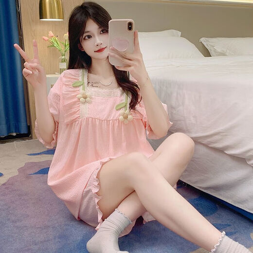 崽白2024新款睡衣女夏季带胸垫甜美可爱花朵宽松薄款家居服套装可外穿 jw-3881#粉色固定胸垫 2XL