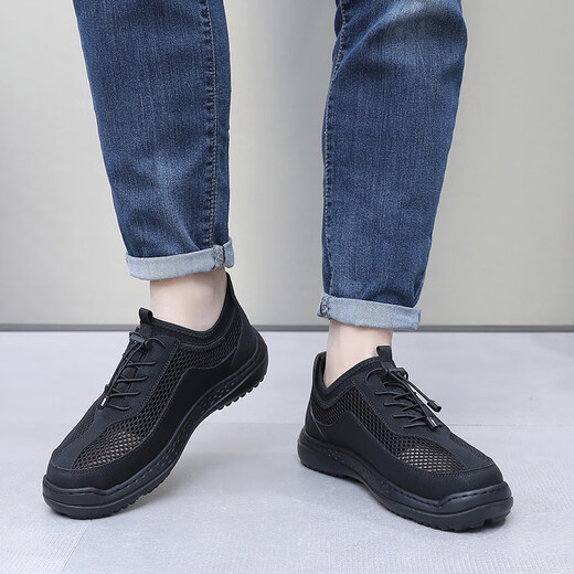 Brigjing summer breathable men's mesh shoes old Beijing cloth shoes men's lightweight hollow casual shoes middle-aged and elderly anti-slip soft-soled dad's shoes black 12353 40 (250mm)