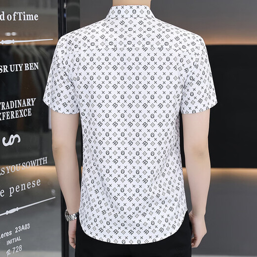 Playboy (Playboy) Herren Ice Seide Kurzarm Shirt 2025 New Business Slim Casual Summer Herren-gedrucktes Hemd frei von Iron 7131 White M 95-115jin [Jin ist gleich 0,5 kg]