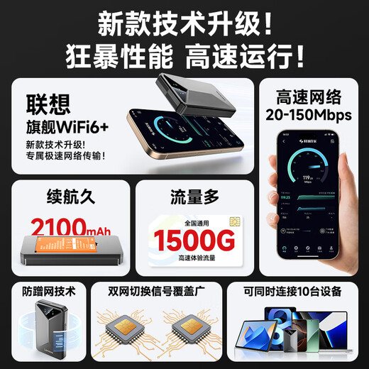 联想原装随身wifi6支持5G设备2025款移动无线上网卡官方正品免插卡全国通用网络无限流量便携式笔记本 联想高端【WiFi6Pro】极速光纤+3000毫安 2025款官方原装【支持5G/4G联想中兴等设备】