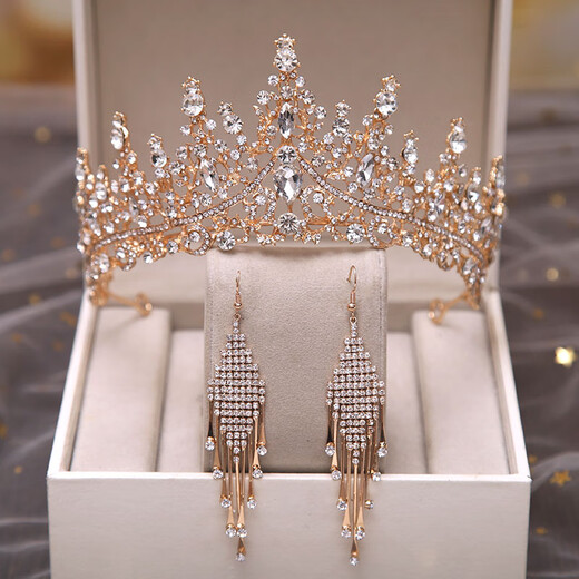 
ShiJUN Adult Gift Crown Three-Piece Set Bridal Headdress Wedding Dress 2025 New Wedding Accessories Wedding Necklace Wedding Birthday King Golden Crown + Earrings Hook (Gift Box Package)
