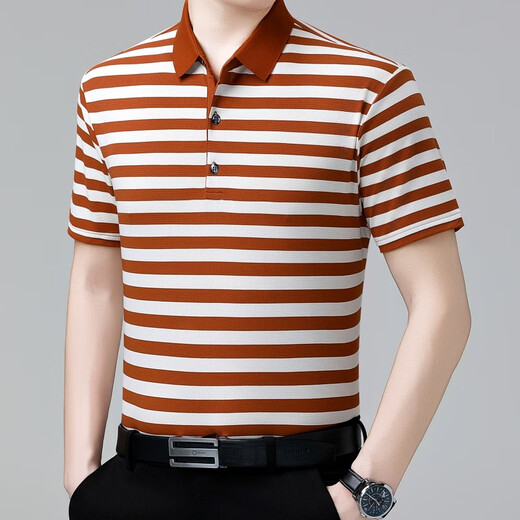 Neues Mulberry Seiden kurzärmeligte T-Shirt für Männer Sommer mittleren Alters und älteren Daddy tragen dünnes, Streifenpolo-Hemd mit Streifen, Blau S 165/105