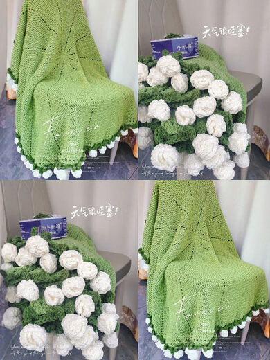山头林村玫瑰花毯子成品成品玫瑰花束毯子盖毯毛毯毛线钩织材料包手工编织 (A753)大号110cm[淡蓝+肉粉玫瑰