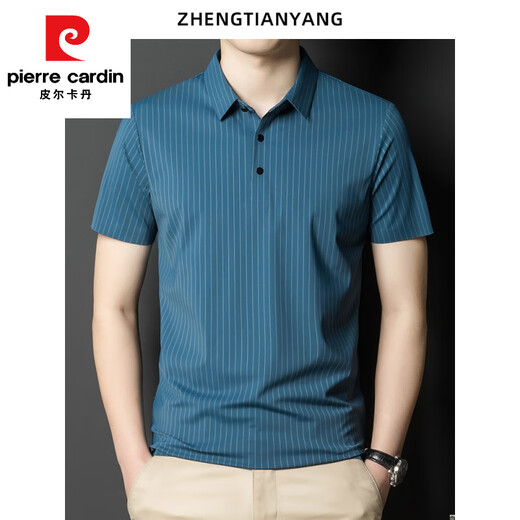皮尔卡丹（pierre cardin）翻领无痕短袖T恤男士竖条纹休闲polo衫男装潮流百搭薄款冰丝半袖 灰色 6996 XL 180