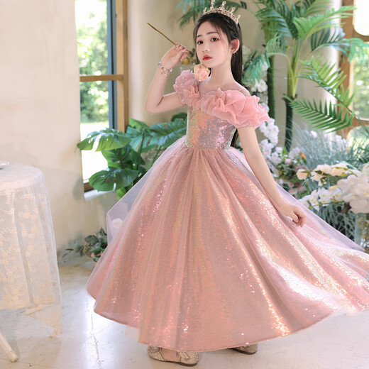 兔芊（TUQIAN）女童礼服粉色生日宴公主裙女童礼服夏粉色公主裙轻奢时尚蓬蓬长裙 蜜粉007+[模特皇冠+钢圈裙撑] 160cm(建议7185斤) 均码