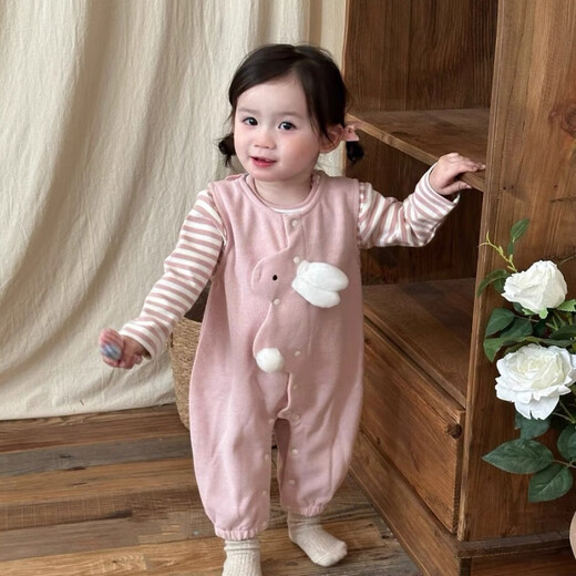 Disney (Disney) Baby Girl Cute Set 2025 Spring Baby Clothes Cute Bunny Overalls Striped T-shirt Two-piece Set Pink Striped Ten Rabbit Straps One-piece Two-piece Set 73cm 73
