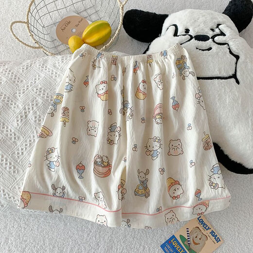 夏季短袖睡衣女薄款开衫三件套家居服新款可外穿卡通学生少女套装 9911浅杏蛋糕KT猫三件套 M