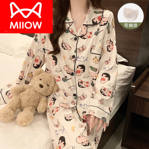 Cat Man (Miiow) Pyjamas mit Brustpolster für Frauen im Frühling, Herbst und Winter reines Baumwoll süßer Cartoon Langarm Lose Sommer Neues Stil Kleidung 02 A724 Kätzchen weiß [mit Brustpolster] M 160
