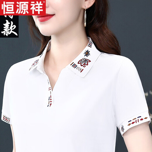 恒源祥高端t恤女夏新款polo衫薄款短袖减龄中年妈妈宽松大码别致棉上衣T 6623B黑色（字母刺绣） M (适合80到99斤)