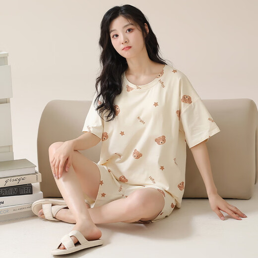 Jiaocaimeng pajamas with breast pads for women summer 100% cotton short-sleeved cartoon girls students and teenagers home wear set QM1355 (with breast pads) 100% cotton M ladies (recommended 80-95Jin Jin equals 0.5 kg)