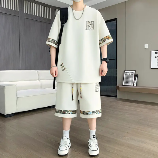 E.TOX凌越男装店2025夏季大码休闲运动套装男士百搭两件套 白色(YYW6195) 2XL (150-170斤)