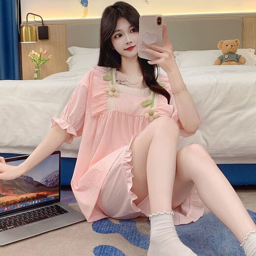 崽白2024新款睡衣女夏季带胸垫甜美可爱花朵宽松薄款家居服套装可外穿 jw-3881#粉色固定胸垫 2XL
