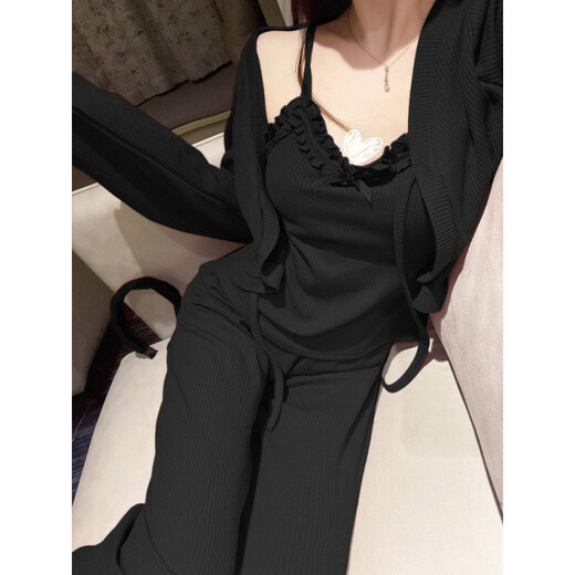 Fhhuabd französische reine spitze sexy Frauenpyjamas mit Brustpolster dreiköpfiger Feder- und Herbst-Bow-Hossport-Strickjacke Hauskleidung 677 Schnitt Herrenspitze Drei-teilige Set [mit Brustpolster] S [Empfohlen 85 Jin [Jin gleich 0,5 kg]]]