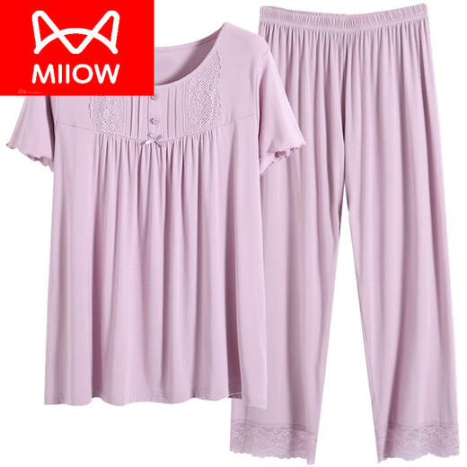 猫人（MiiOW）妈妈睡衣女夏季薄款短袖长裤莫代尔棉绸家居服夏天加肥加大码 X9224 L 【建议100-120斤】