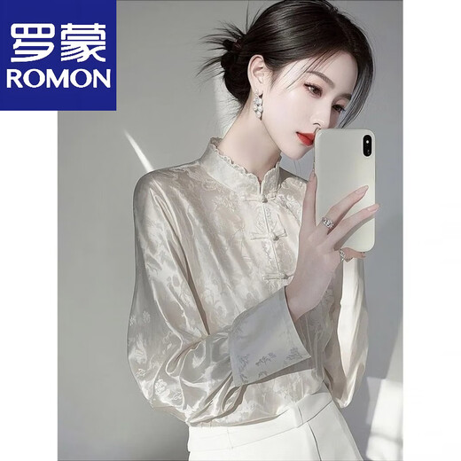 ROMON early spring Chinese style jacquard lace stand collar new Chinese style long-sleeved shirt women's high-end temperament top 8899 white long sleeve XL 115-125