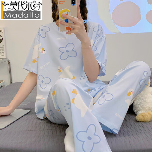 莫代尔睡衣女款纯棉夏季短袖长裤夏天薄款夏款玉桂狗春秋可爱家居服套装 JZM6625爱心 XL 建议110-130斤