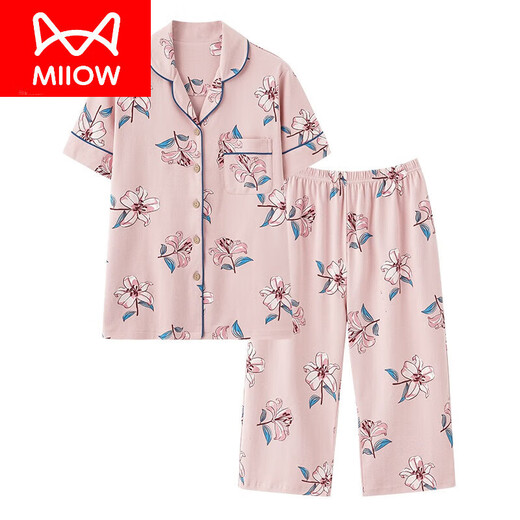 
Catman (MiiOW) pure cotton pajamas for women summer short-sleeved cropped pants cardigan style mother large size casual home clothing women's 2024 new style lotus purple NXF-9898 pure cotton women's cardigan short. M [Suggestion 80--100Jin [Jin equals 0.5 kg]]