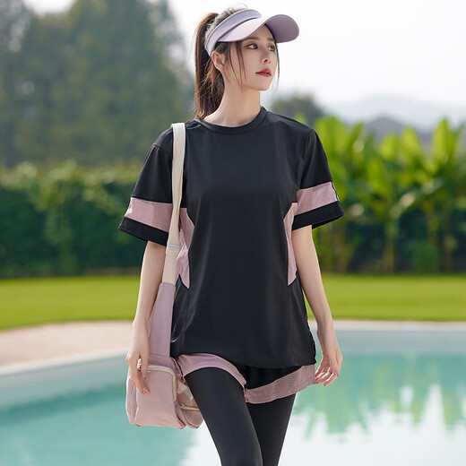 Kebo large-size swimsuit women 200 Jin [Jin equals 0.5 kg] Hot spring split conservative sun protection trousers jellyfish diving suit sports suit swimsuit black and purple four-piece set 5XL
