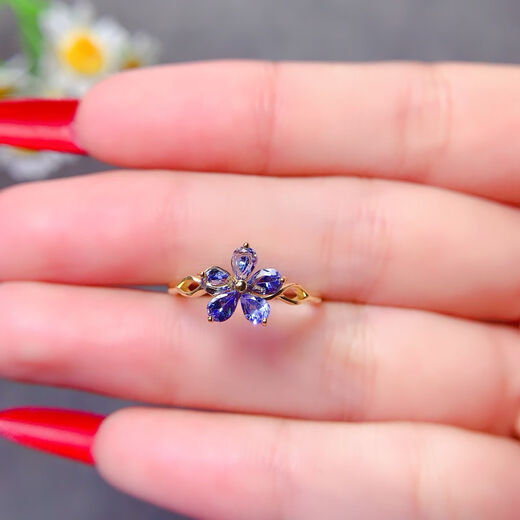 Lierui natural tanzanite ring with small flower design s925 sterling silver, versatile and exquisite, showing temperament and high-end sense 3*4mm gold color natural tanzanite ring live mouth