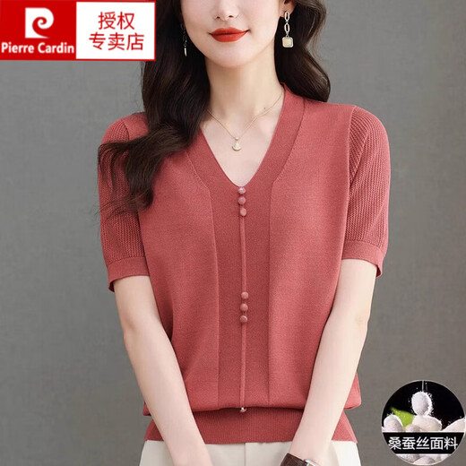 皮尔卡丹（pierre cardin）桑蚕丝短袖t恤女2025新款夏季妈妈V领遮肚上衣薄款真丝针织衫 米色【9196款】 M 【建议100-110斤穿】