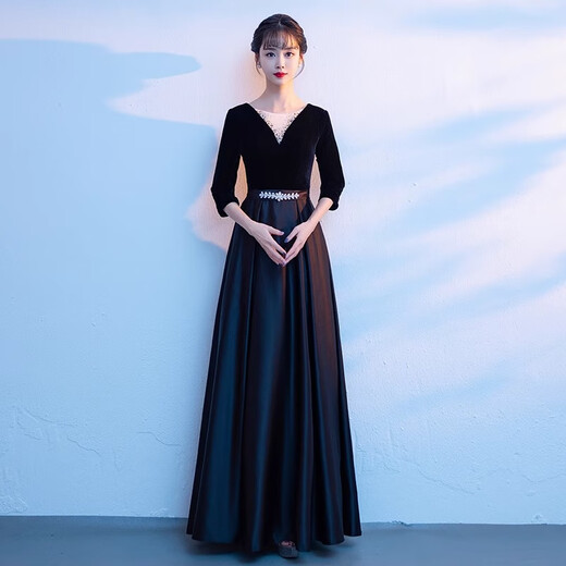 丽佰昕黑色大合唱团演出服女长裙主持人年会服装宴会高端大气指挥晚礼服 黑色 3XL  建议130-135斤