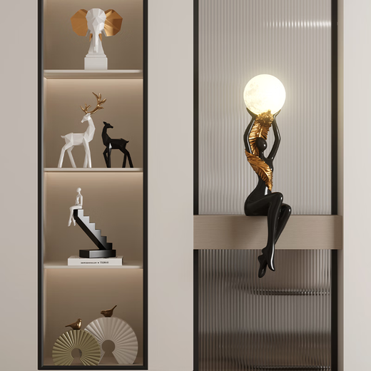 Light luxury and high-end entrance partition art soft decoration ornaments, high-end light luxury home living room wine cabinet furnishings, different feathers - lamp ball style, black and gold