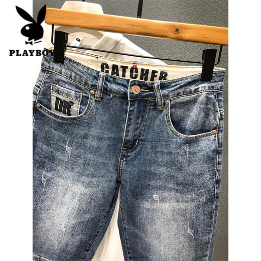 
Playboy (PLAYBOY) 2025 summer denim mid-pants printed trendy brand retro nostalgic washing Korean style slim five-point pants stretch shorts men 9902 models 31