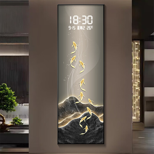 画画小镇九鱼聚财大尺寸电表箱装饰画钟表挂钟客厅电闸箱遮挡挂画2025新款 DQ4877【夜光电子钟款】 70*210（容纳尺寸≤60*200cm） 黑框右侧翻开