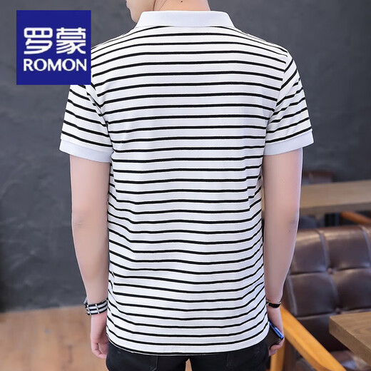 罗蒙（ROMON）纯棉夏季新款男士短袖T恤韩版条纹丅恤POLO衫上衣服潮流半袖体恤 7029短袖白色 M