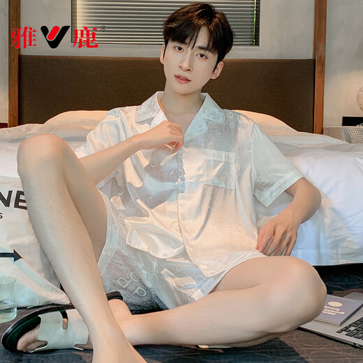 Yalu 2025 new summer pajamas for men ice silk short-sleeved summer thin youth large-size set home clothing G723 L (suggested height about 170-weight 100-13