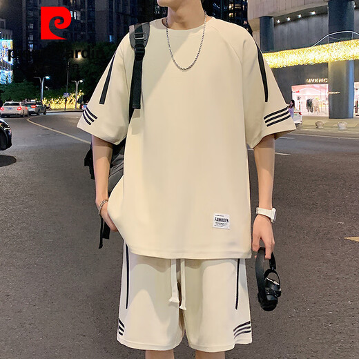 Pierre Cardin Ice Silk Casual Anzug Herren Sommer Neues loser kurzärztes T-Shirt und Shorts hübsch mit einem kompletten Sportanzug fks653 schwarzer Anzug m etwa 90-110jin [Jin gleich 0,5 kg] kann getragen werden