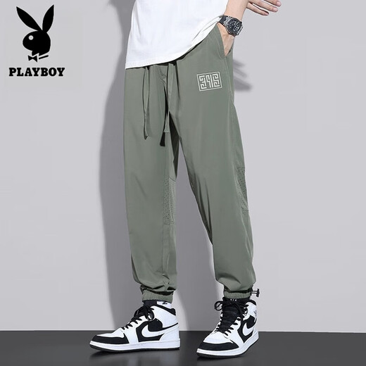 PLAYBOY Pantallas de pantalones hombres 2025 Summer New Ice Silk Casual Fino Tip Tausers Mesh Sports Sports Sports Sports Military Green M [sugerido 90-110Jin [Jin equivale a 0.5 kg]]