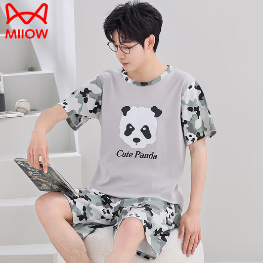 猫人（MiiOW）男士睡衣夏季纯.棉短袖短裤套装薄款韩版休闲大学生卡通家居服男 Q短袖男1396小白 M 少年(60-78斤)