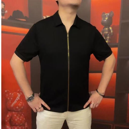 尔煦天骏百货男翻领开衫拉链款短袖商务休闲休闲百搭高品质半袖OP3889 黑色 M 48 (100-125斤)