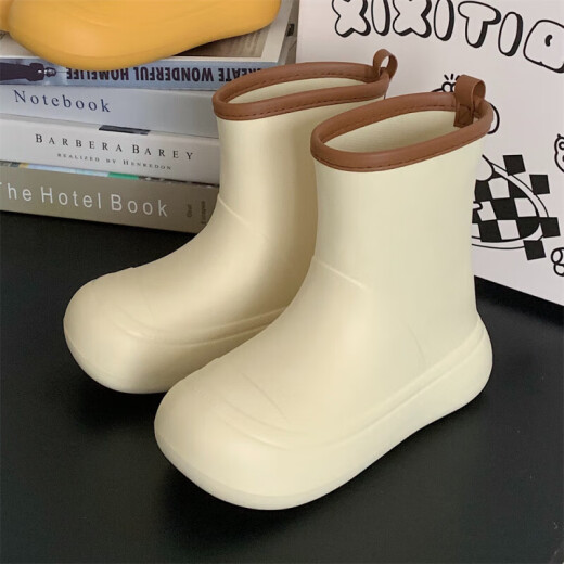 木清清雨鞋女厚底时尚韩版短筒大头靴子四季户外网红可外穿防滑防水雨靴 浅黄色 36-37